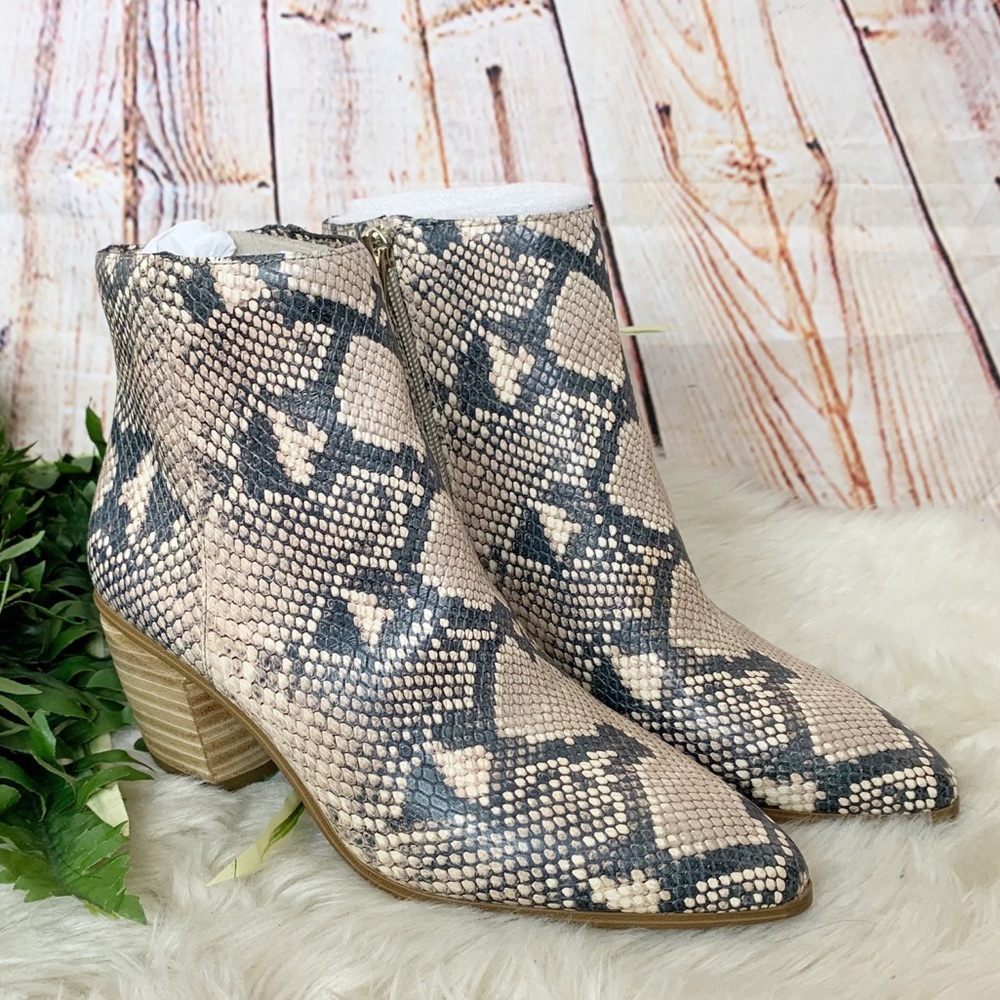 Vince Camuto Beige and Black Snake Ankle Booties